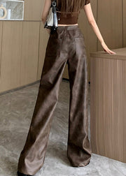 Modern Brown Pockets High Waist Faux Leather Pants Fall