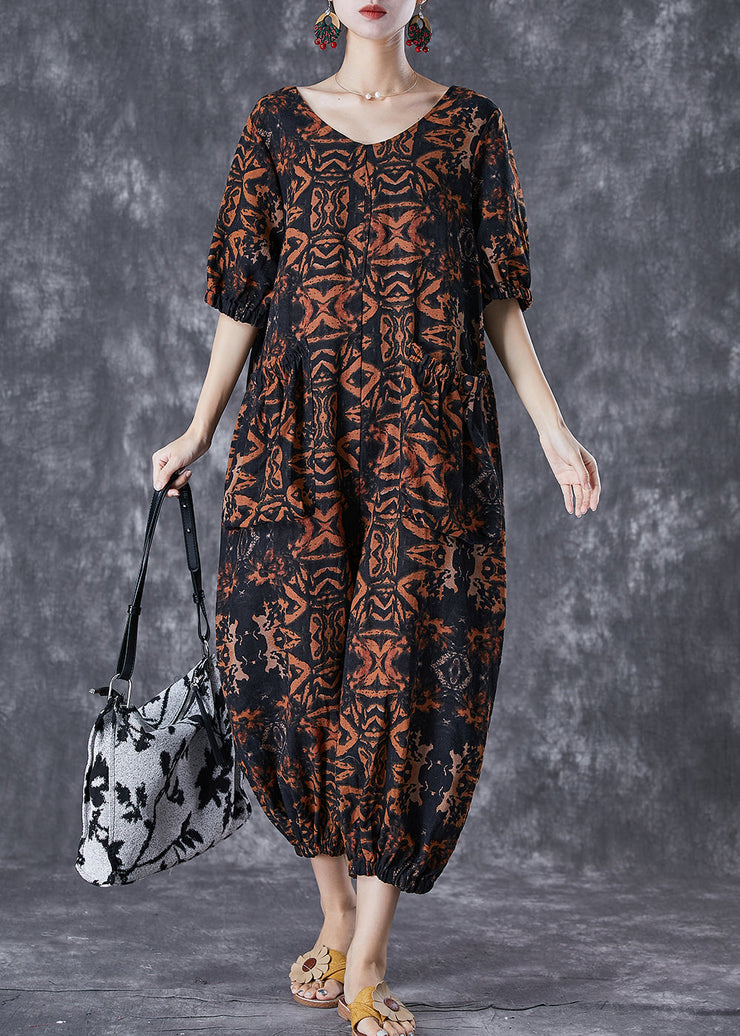 Modern Brown Print Oversized Pockets Linen Jumpsuits Summer