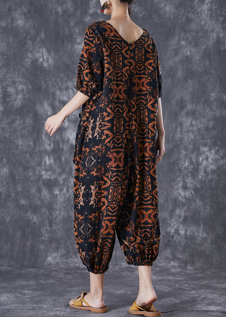 Modern Brown Print Oversized Pockets Linen Jumpsuits Summer