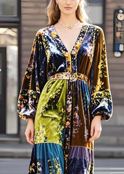 Modern Brown V Neck Print Silk Velvet Dresses Spring