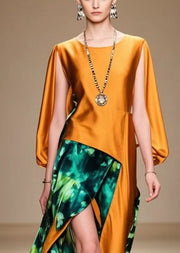 Modern Caramel Asymmetrical Patchwork Silk Dress Cloak Sleeves