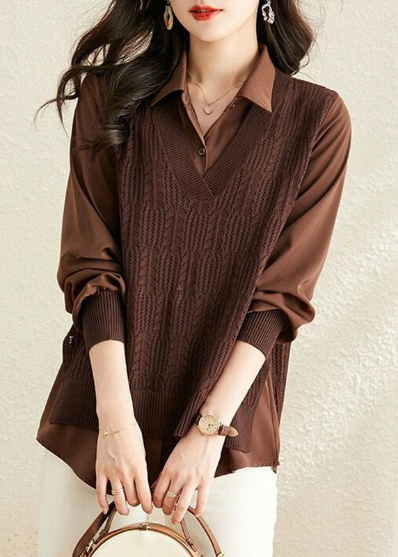 Modern Caramel Peter Pan Collar Patchwork Knit Fake Two Piece Shirts Fall