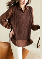 Modern Caramel Peter Pan Collar Patchwork Knit Fake Two Piece Shirts Fall