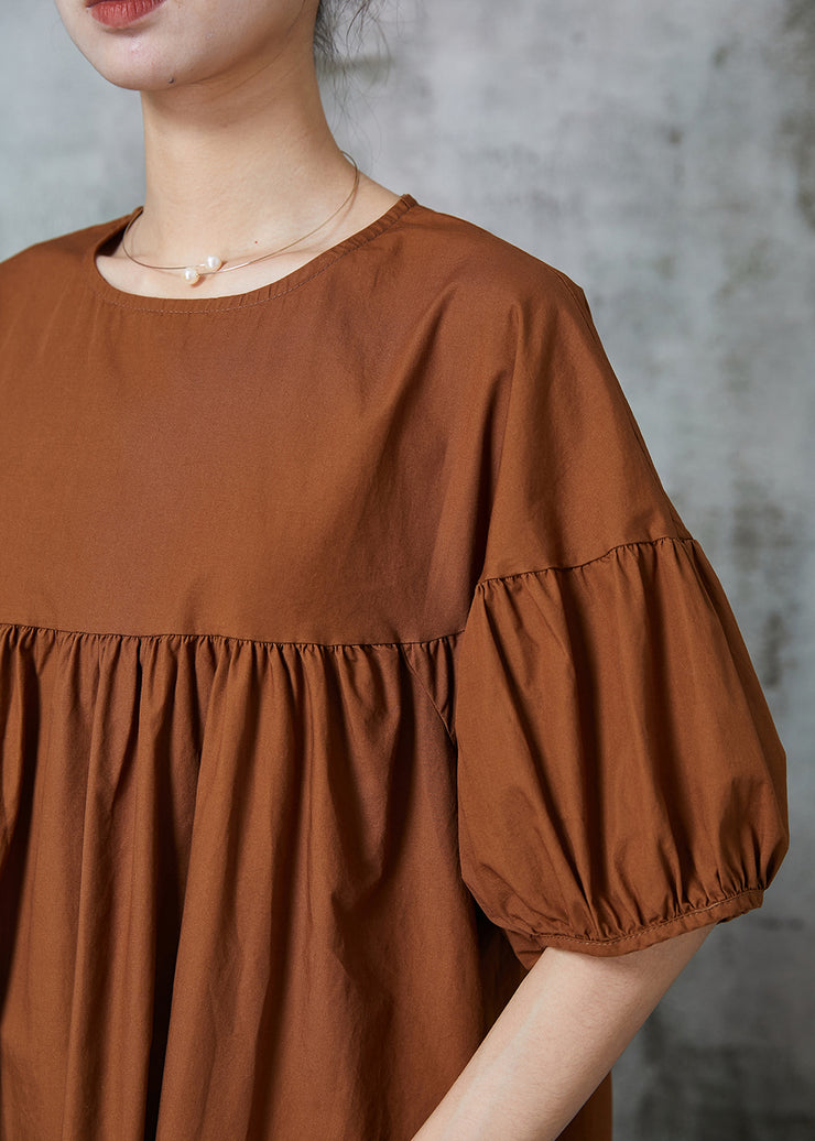 Modern Caramel Puff Sleeve Patchwork Cotton Dresses Summer