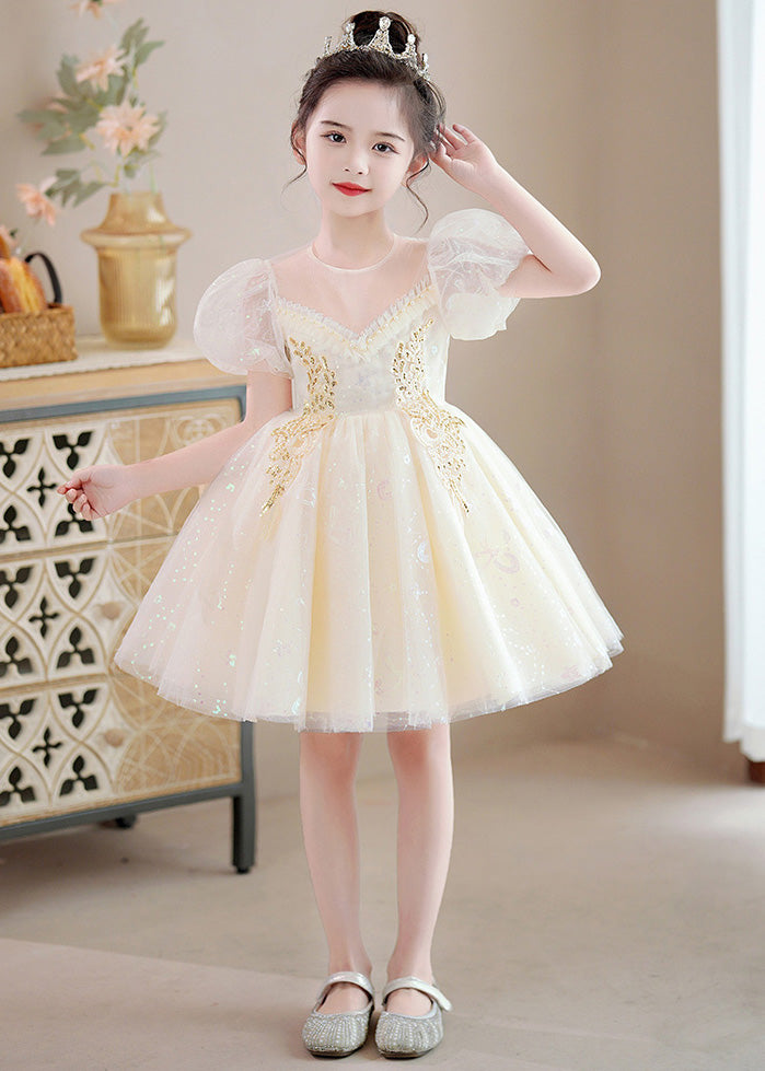 Modern Champagne O-Neck Sequins Patchwork Nail Bead Tulle Girls Mid Dresses Summer