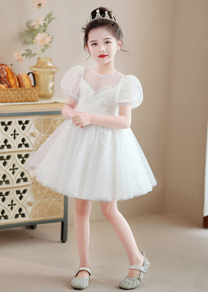 Modern Champagne O-Neck Sequins Patchwork Nail Bead Tulle Girls Mid Dresses Summer