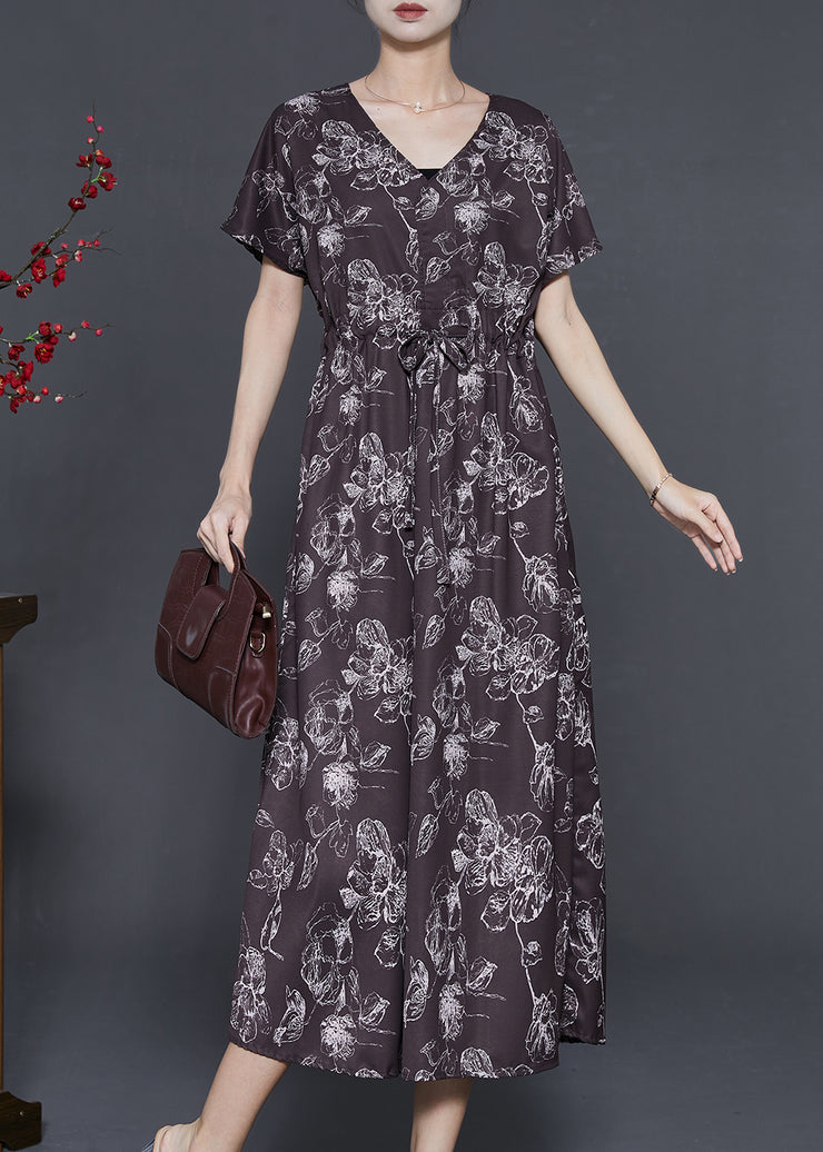 Modern Chocolate Cinched Print Silk Vacation Dresses Summer