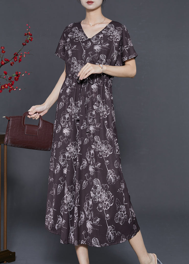 Modern Chocolate Cinched Print Silk Vacation Dresses Summer