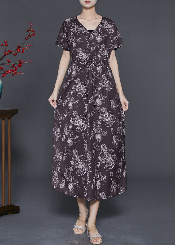 Modern Chocolate Cinched Print Silk Vacation Dresses Summer