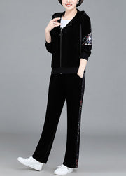 Modern Circle Zippered Print Silk Velour Hooded Coats And Pants Two Pieces Set Fall