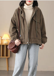 Modern Coffee Hooded Oversized Drawstring Warm Fleece Jackets Spring