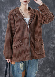 Modern Coffee Hooded Pockets Corduroy Coat Spring