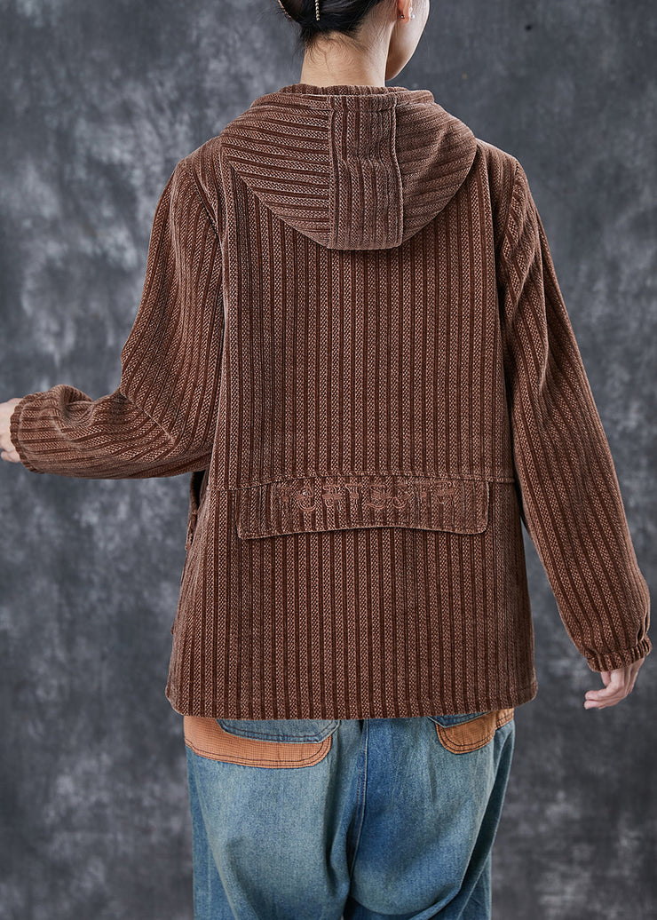 Modern Coffee Hooded Pockets Corduroy Coat Spring