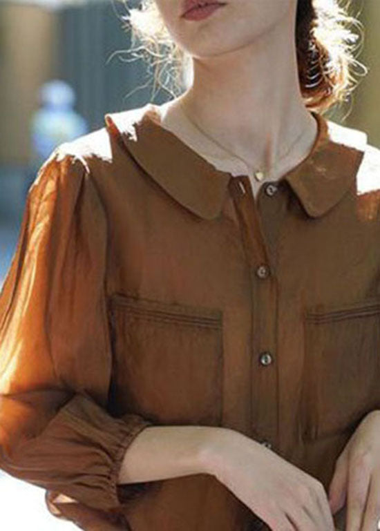 Modern Coffee Peter Pan Collar Patchwork Chiffon Shirts Spring