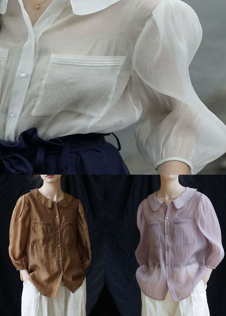 Modern Coffee Peter Pan Collar Patchwork Chiffon Shirts Spring