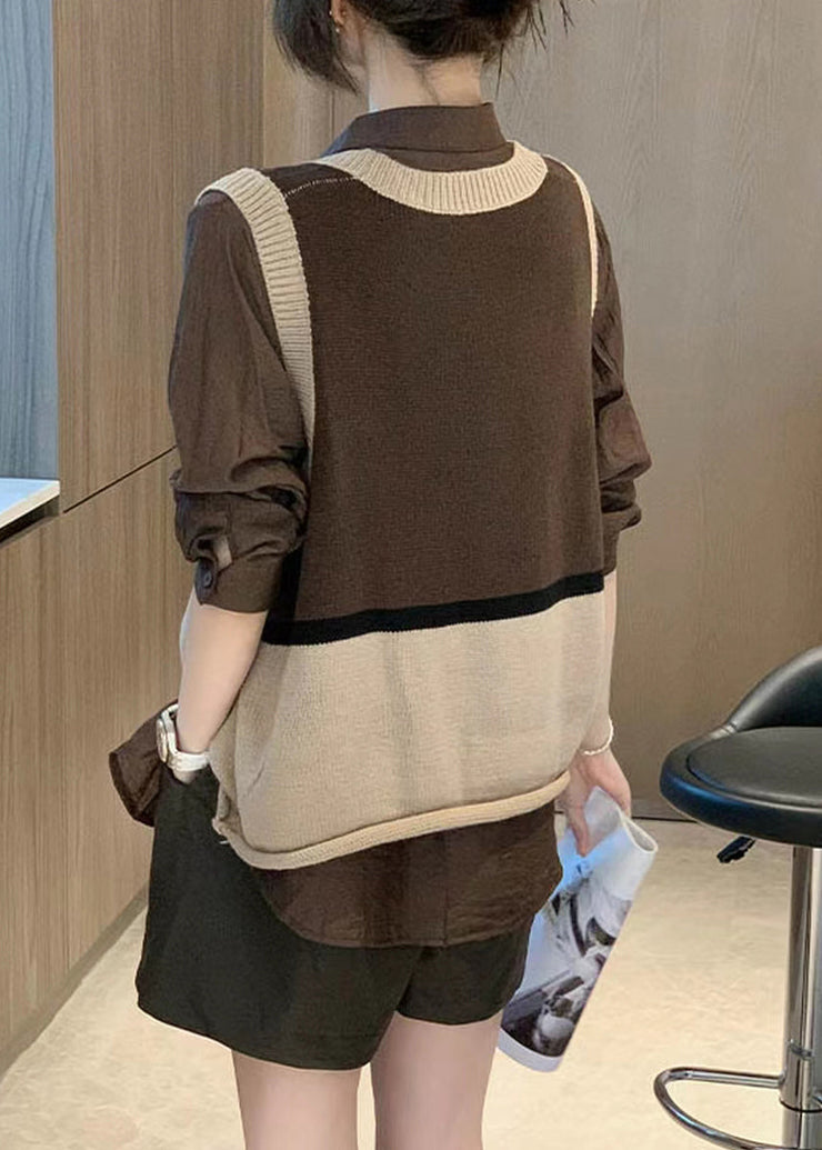 Modern Coffee Peter Pan Collar Patchwork Knit 2 Piece Outfit Fall