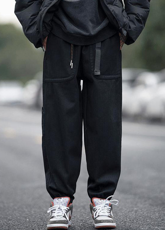 Modern Coffee Pockets Elastic Waist Men Beam Pants Spring