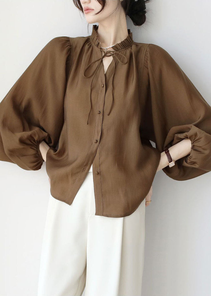 Modern Coffee Ruffled Lace Up Chiffon Shirt Top Lantern Sleeve