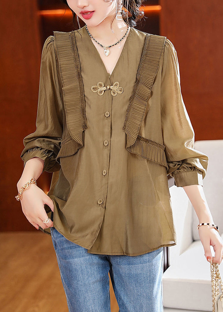 Modern Coffee Ruffled Patchwork Chinese Button Silk Shirts Summer