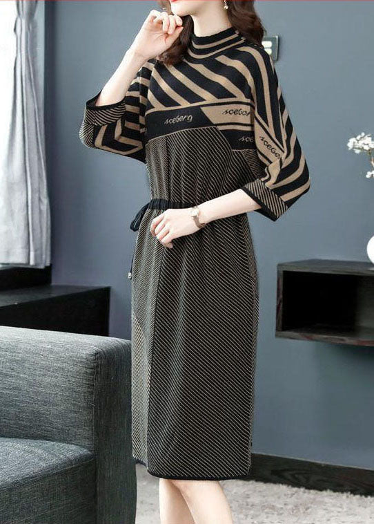 Modern Chocolate Turtle Neck Tie Waist Print Knit Dress Batwing Sleeve