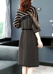 Modern Chocolate Turtle Neck Tie Waist Print Knit Dress Batwing Sleeve