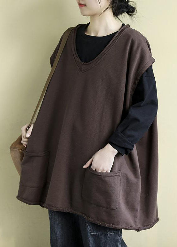 Modern Chocolate V Neck Oversized Solid Color Cotton Vests Fall