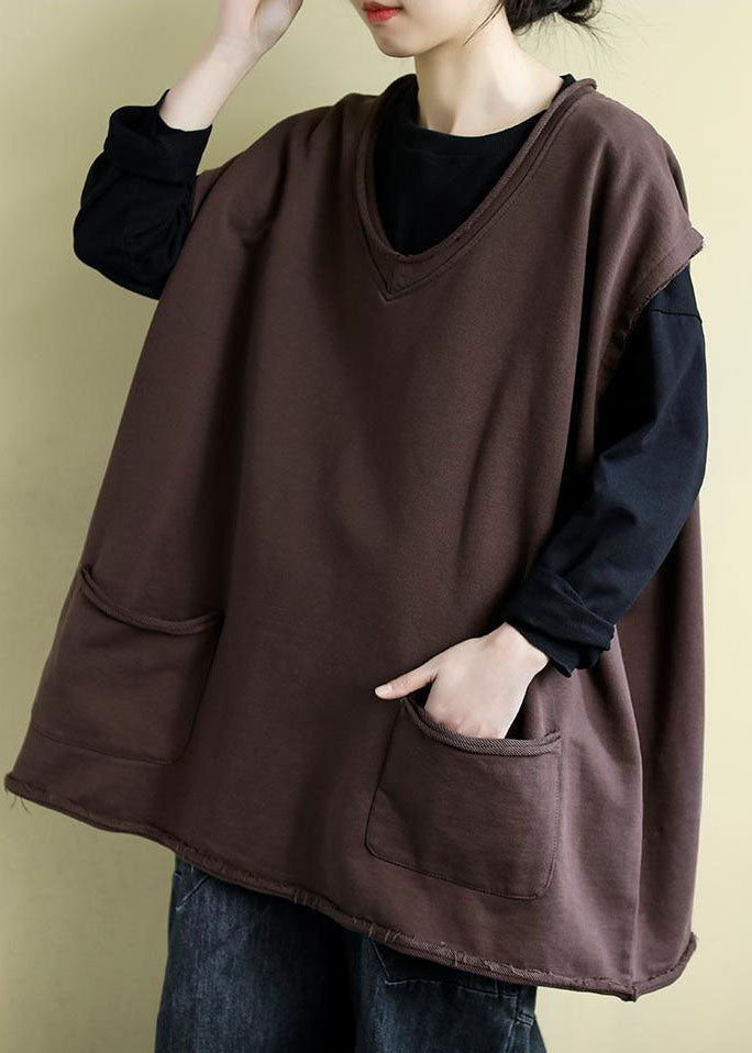 Modern Chocolate V Neck Oversized Solid Color Cotton Vests Fall