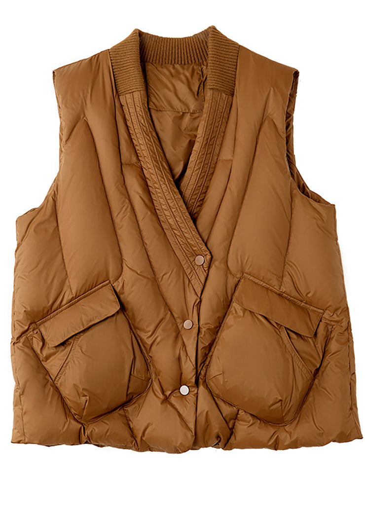 Modern Coffee V Neck Pockets Duck Down Down Vests Winter