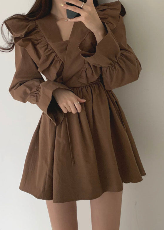 Modern Chocolate V Neck Ruffles Tie Waist Cotton Vacation Dress Spring