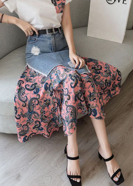 Modern Colorblock Asymmetrical Denim Patchwork Chiffon Skirts Spring