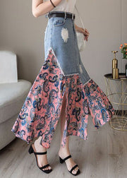 Modern Colorblock Asymmetrical Denim Patchwork Chiffon Skirts Spring