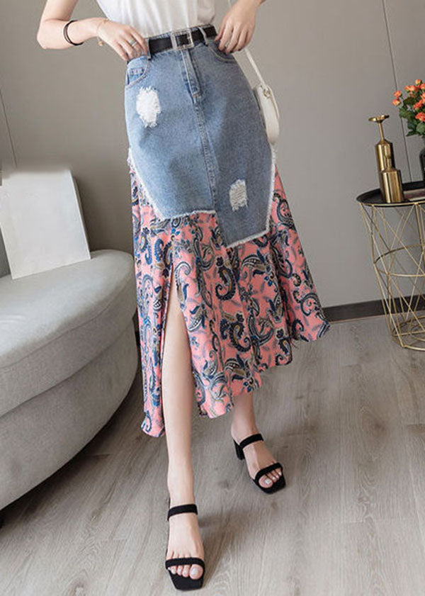 Modern Colorblock Asymmetrical Denim Patchwork Chiffon Skirts Spring