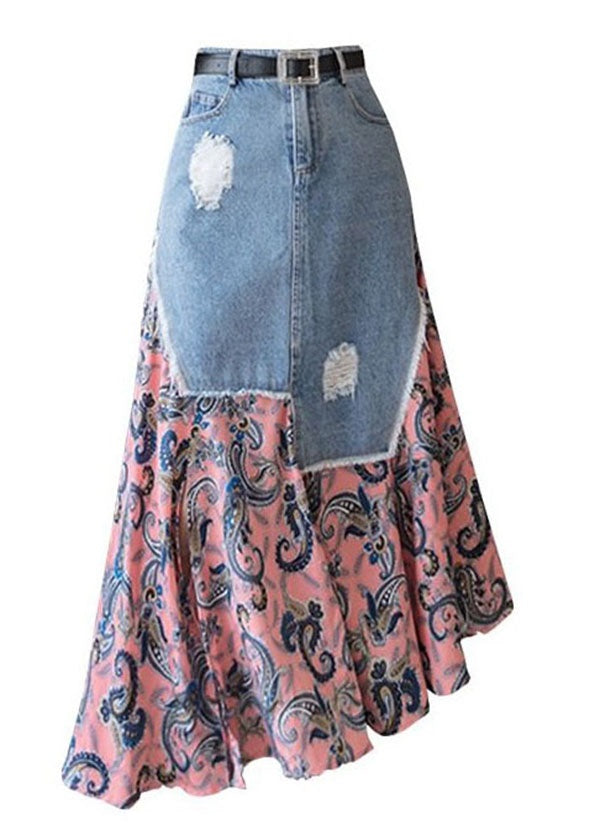 Modern Colorblock Asymmetrical Denim Patchwork Chiffon Skirts Spring