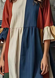 Modern Colorblock Asymmetrical Patchwork Cotton Dress Flare Sleeve