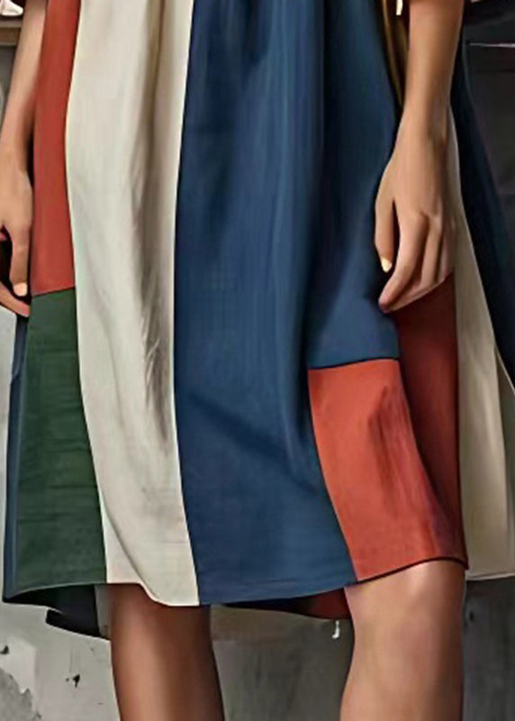 Modern Colorblock Asymmetrical Patchwork Cotton Dress Flare Sleeve