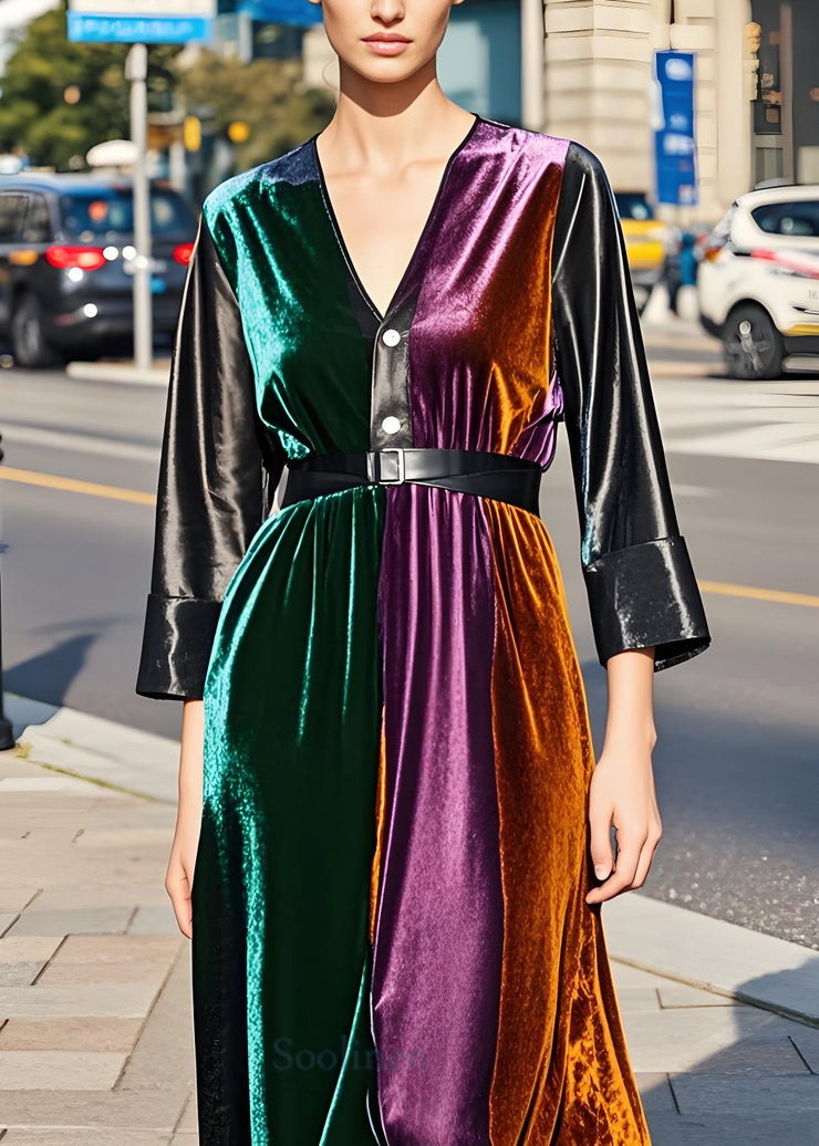 Modern Colorblock Faux Leather Sashes Patchwork Velvet Dresses Fall