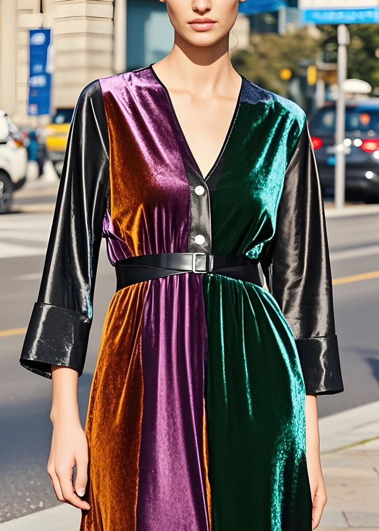 Modern Colorblock Faux Leather Sashes Patchwork Velvet Dresses Fall