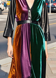 Modern Colorblock Faux Leather Sashes Patchwork Velvet Dresses Fall