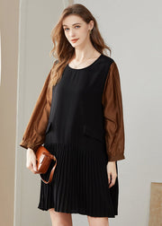 Modern Colorblock O-Neck Oversized Patchwork Chiffon Pleated Dress Spring