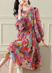 Modern Colorblock O Neck Wrinkled Patchwork Print Chiffon Dress Spring