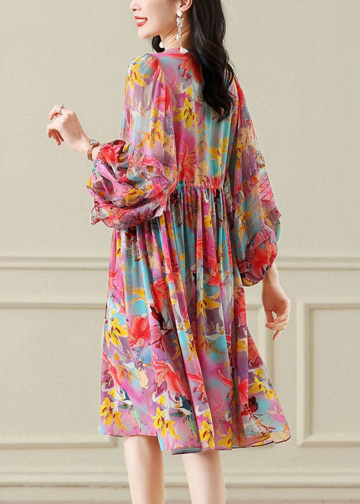 Modern Colorblock O Neck Wrinkled Patchwork Print Chiffon Dress Spring