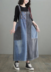 Modern Colorblock Oversized Patchwork Pockets Denim Strap Dress Summer