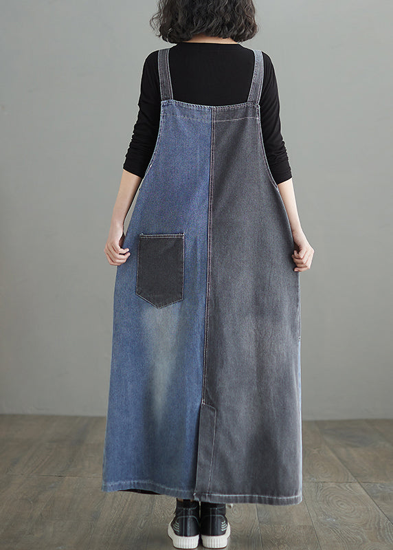 Modern Colorblock Oversized Patchwork Pockets Denim Strap Dress Summer