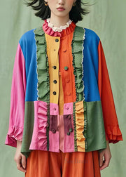 Modern Colorblock Ruffled Button Patchwork Cotton Shirt Tops Summer