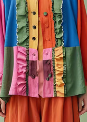 Modern Colorblock Ruffled Button Patchwork Cotton Shirt Tops Summer