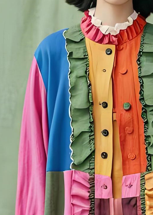 Modern Colorblock Ruffled Button Patchwork Cotton Shirt Tops Summer