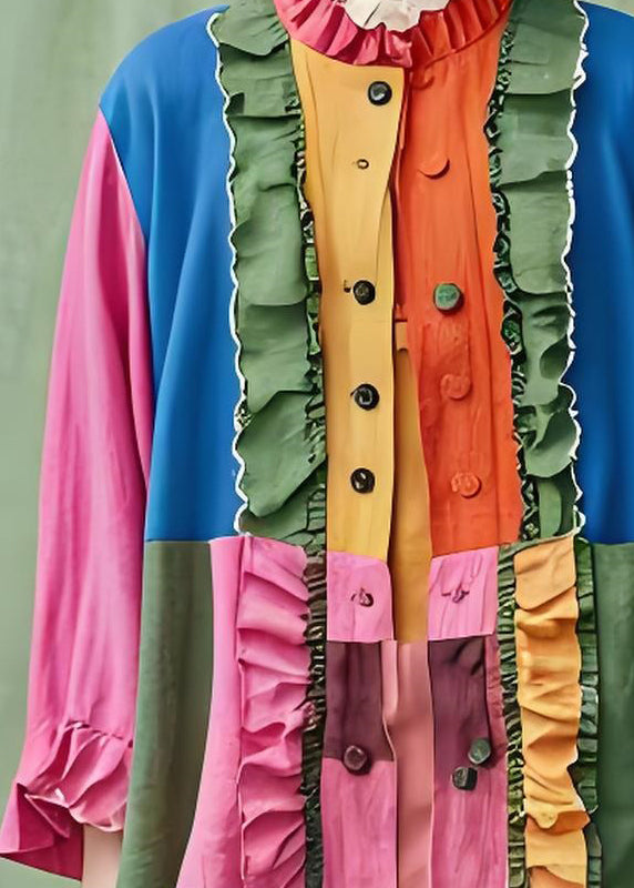 Modern Colorblock Ruffled Button Patchwork Cotton Shirt Tops Summer