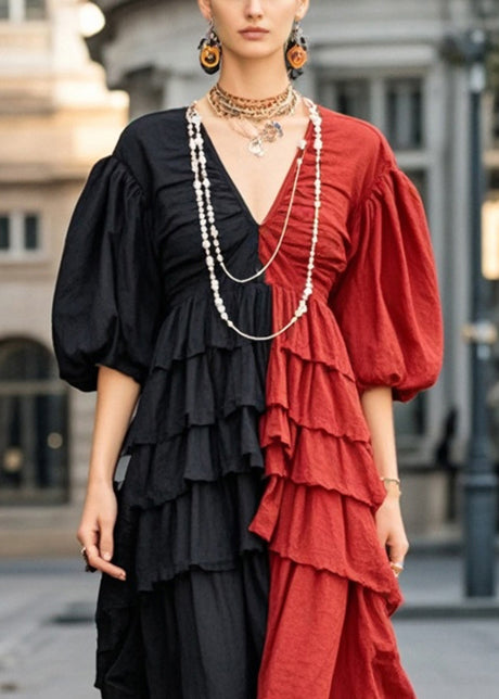 Modern Colorblock Ruffled Patchwork Wrinkled Cotton Dress Lantern Sleeve