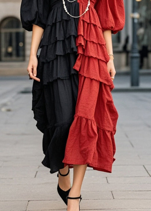 Modern Colorblock Ruffled Patchwork Wrinkled Cotton Dress Lantern Sleeve