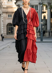 Modern Colorblock Ruffled Patchwork Wrinkled Cotton Dress Lantern Sleeve